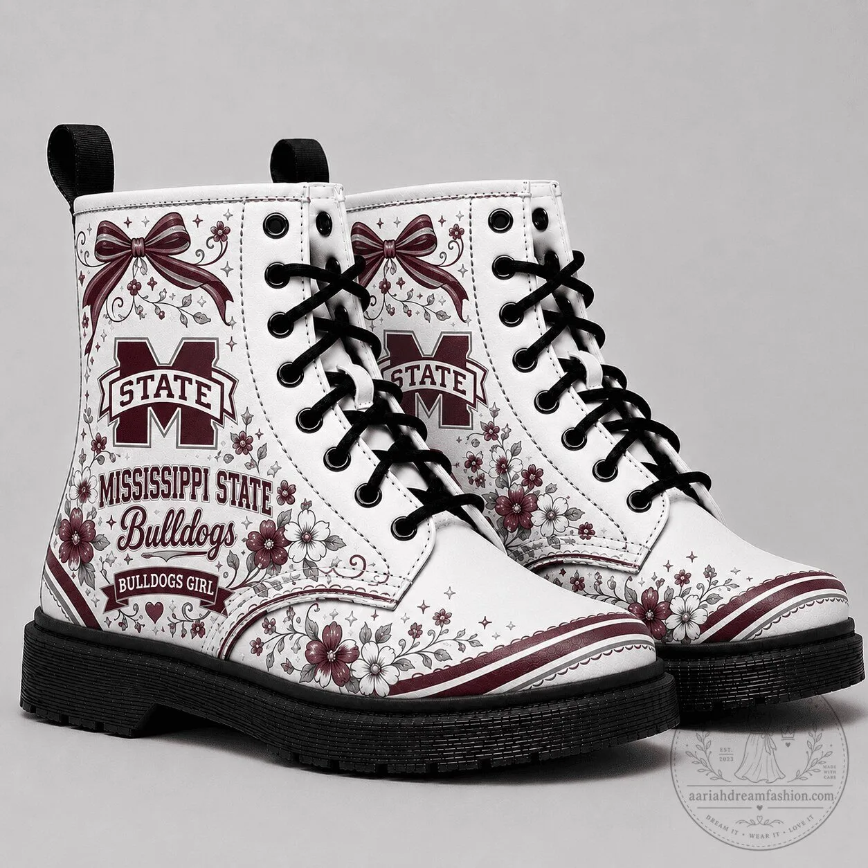 Mississippi State Bulldogs Floral White Combat Boots for Women
